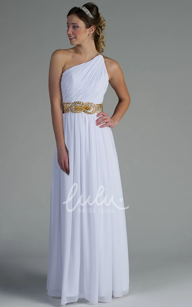 One Shoulder Crystal Belt Long Bridesmaid Dress with Pleated Chiffon