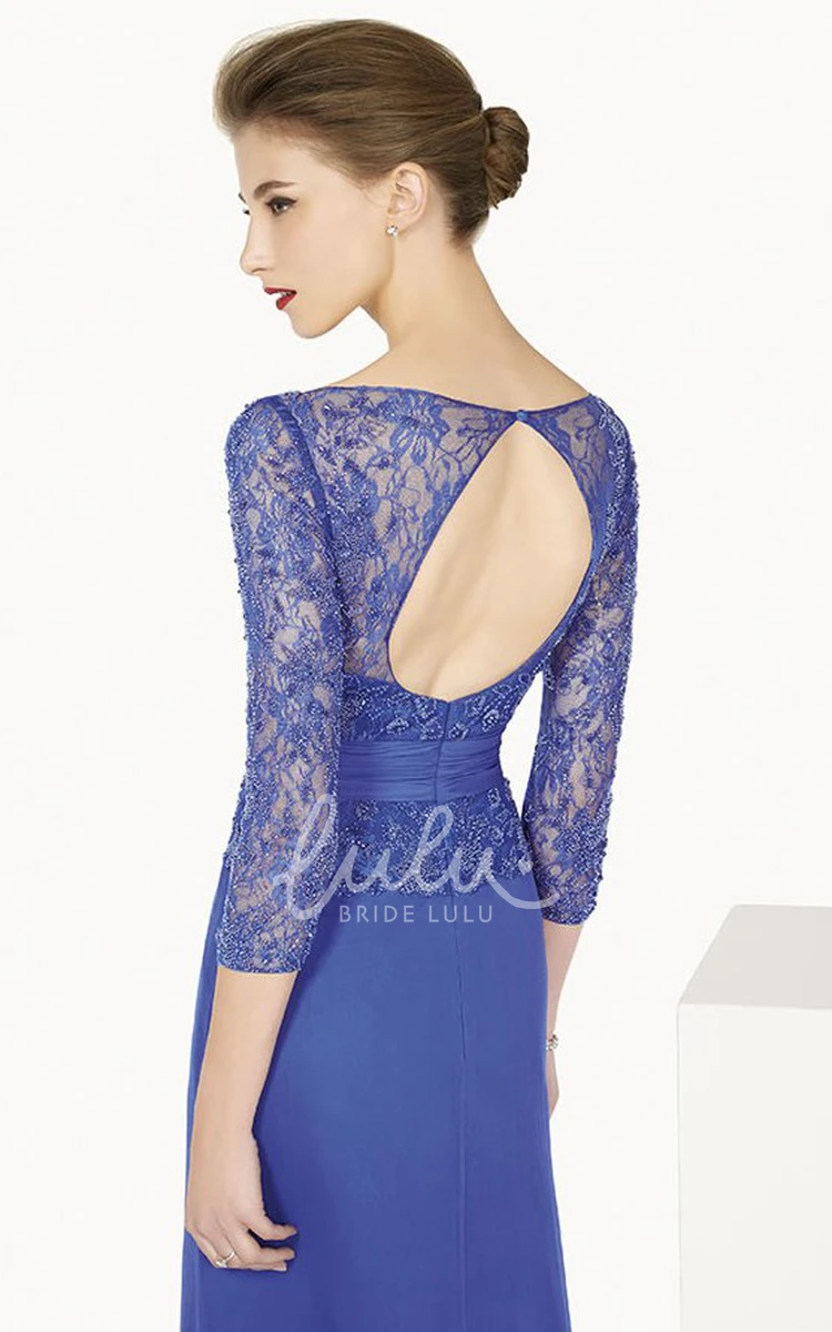 Lace Top Bateau Sleeve Long Prom Dress with Back Keyhole