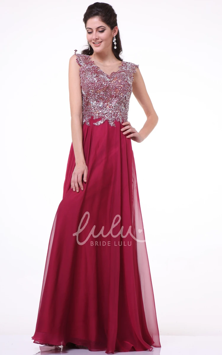 A-Line Chiffon Dress with Appliques and Pleats Scoop-Neck Bridesmaid Dress