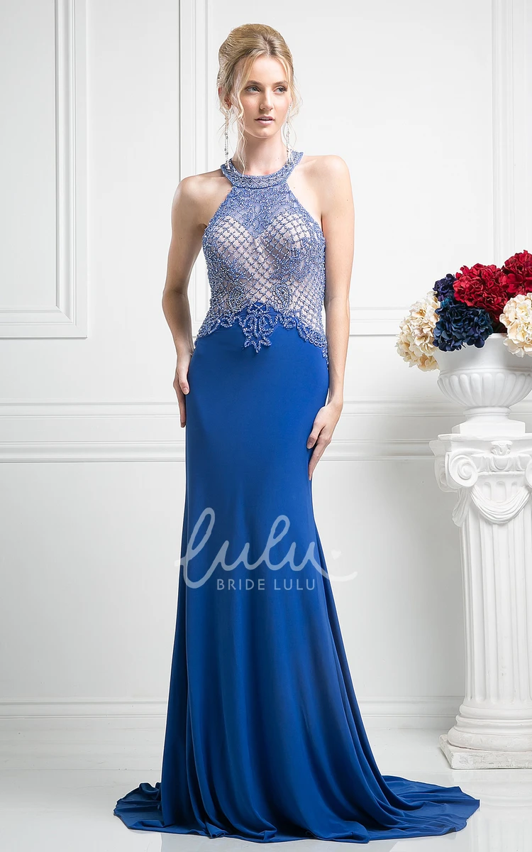 Jewel-Neck Sleeveless Sheath Prom Dress with Beading Details