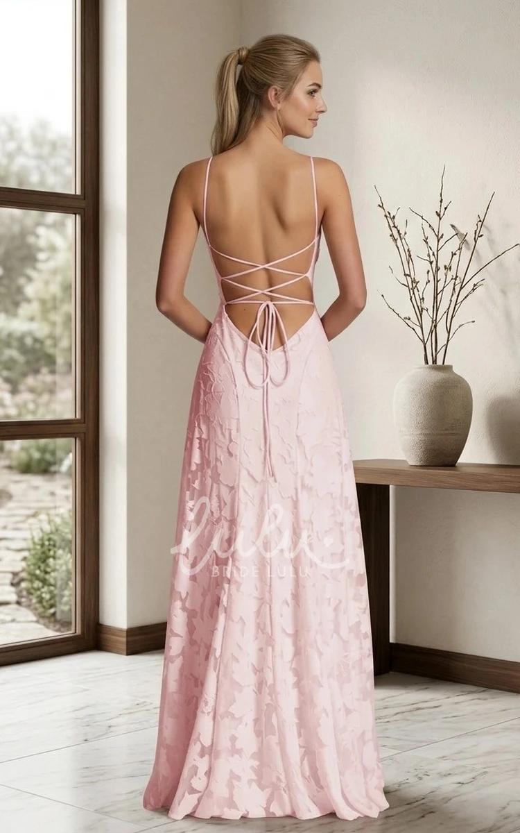 Spaghetti Strap Bridesmaid Dress Sheath Pink Jacquard Square Neck Low Back Lace Up Gown Minimal Elegant Style