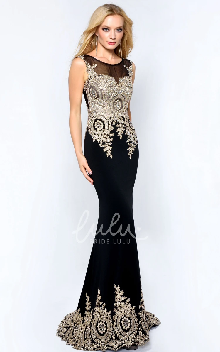 Sleeveless Sheath Formal Dress with Scoop-Neck and Illusion Beading