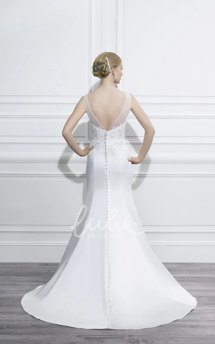 Satin Trumpet Wedding Dress with V-Neck Appliques and Low-V Back Classic Bridal Gown