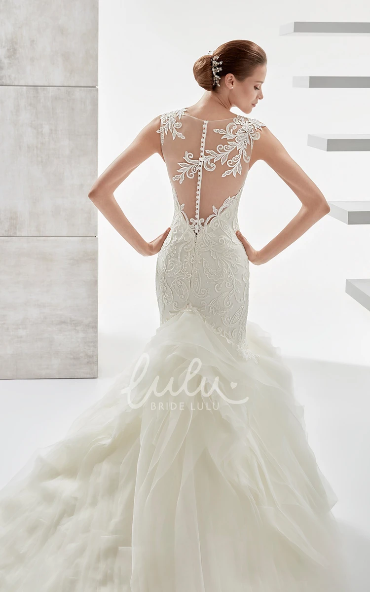 Illusive Design Mermaid Wedding Dress with Jewel Neckline and Ruffled Train Unique Bridal Gown