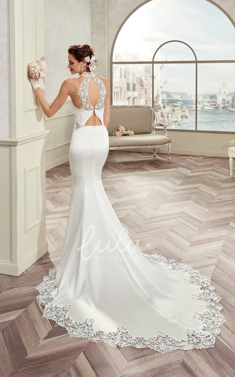 Satin Sheath Bridal Gown with Unique Back Design and Beaded Belt