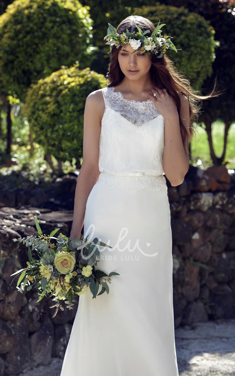 Lace Sleeveless Floor-Length Chiffon Wedding Dress with Court Train and Illusion Back Boho Wedding Dress with Court Train