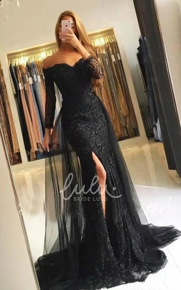 Lace Tulle Mermaid Evening Dress with 3/4 Sleeves Sexy Formal Dress with Appliques