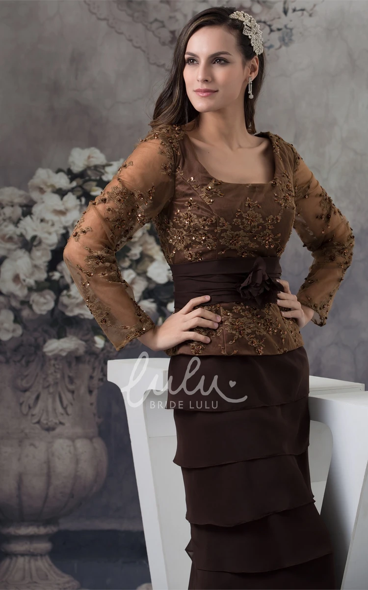 Square-Neck Long-Sleeve Tiered Formal Dress with Appliques