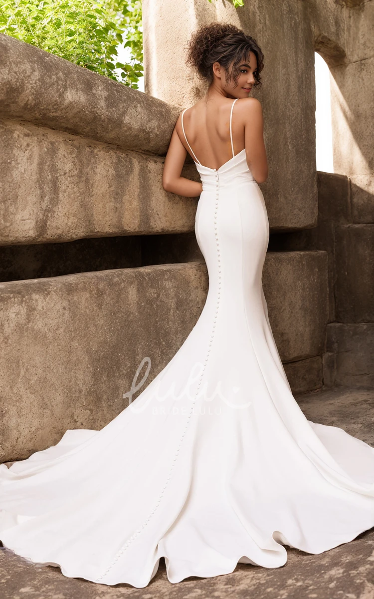 Sexy Minimalist Mermaid Spaghetti Straps Wedding Dress Summer Beach Country Cowl Neckline Bridal Gown with Train