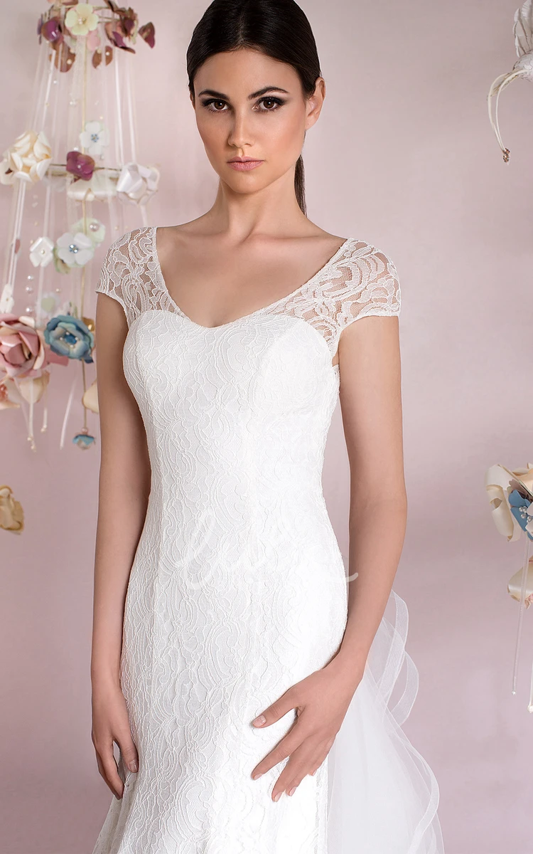 Mermaid Lace Wedding Dress with V-Neck & Cap Sleeves Draping Included