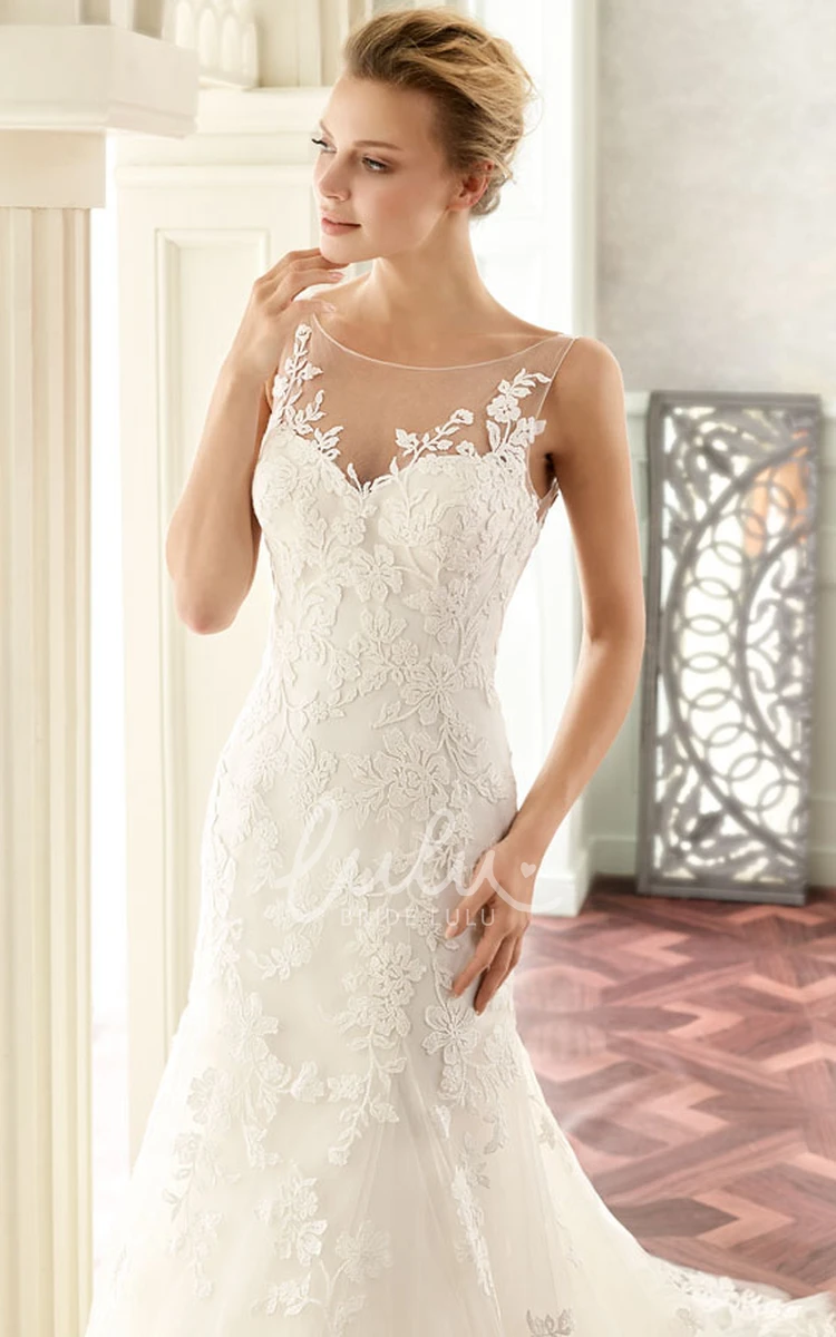 Court Train Lace Wedding Dress with Long Sleeves and Scoop Neckline