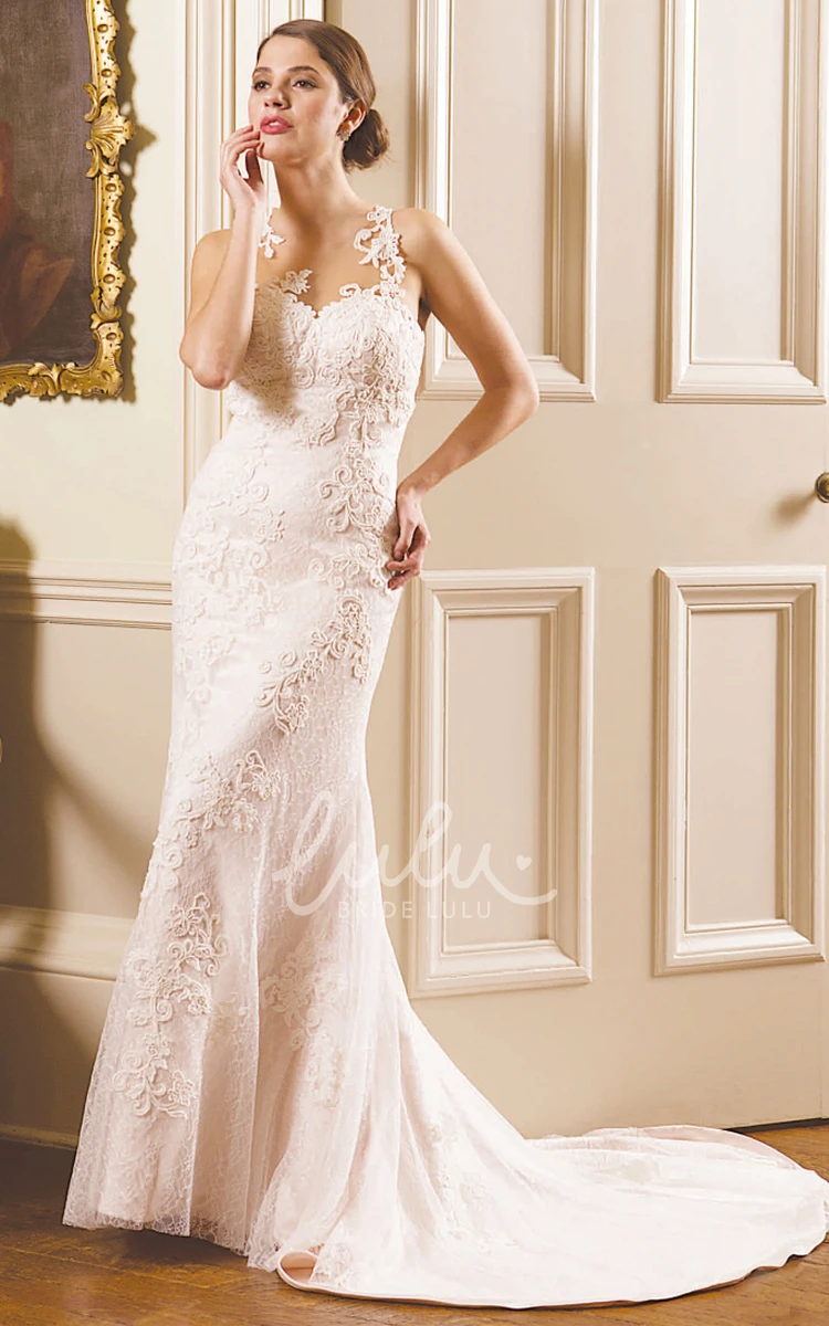 Lace Appliqued Sleeveless Sheath Wedding Dress with Illusion Back Elegant Bridal Gown