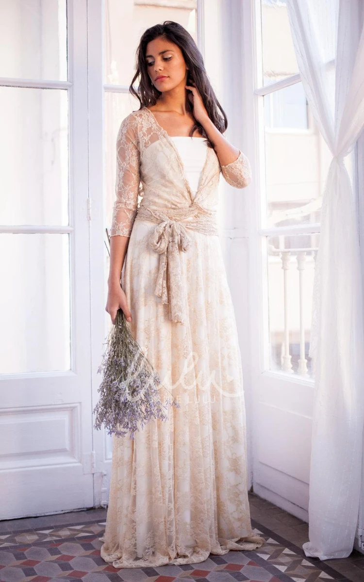 Long Sleeve Lace Floor-Length Wedding Dress with Vintage Style