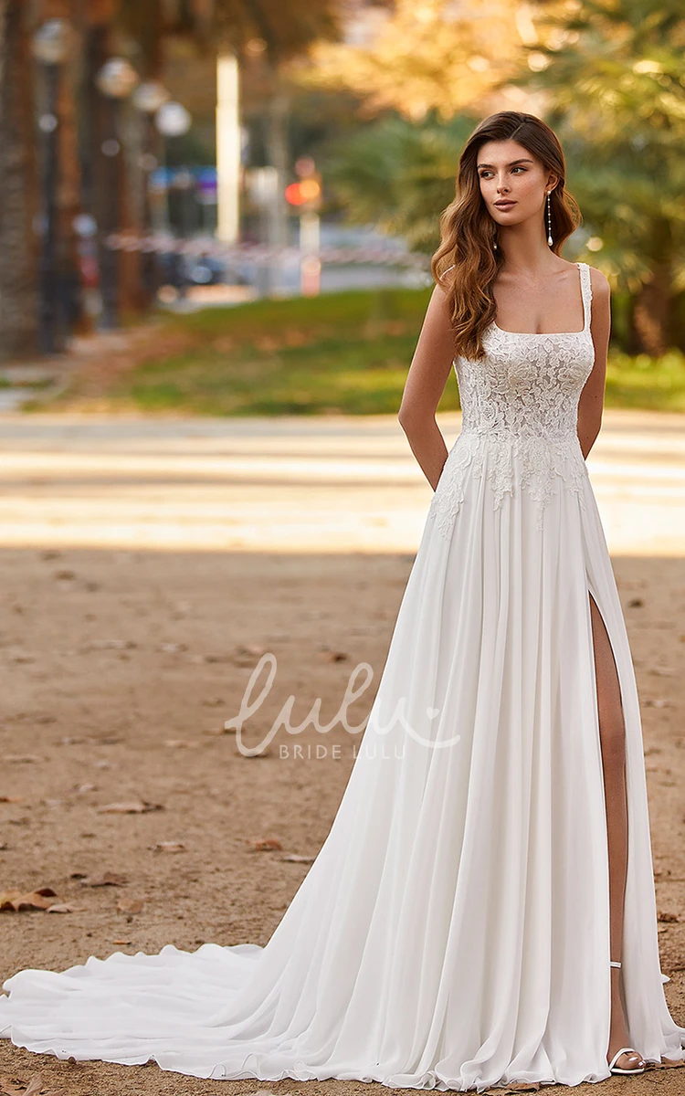 Chiffon A-Line Beach Wedding Dress with Split Front Romantic Bridal Gown