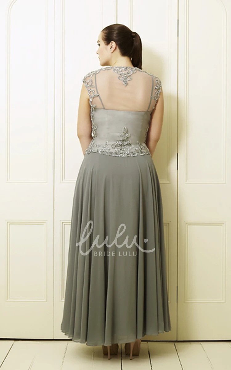 Plus Size Chiffon Prom Dress with A-Line Beaded Ankle-Length and Queen-Anne Neckline