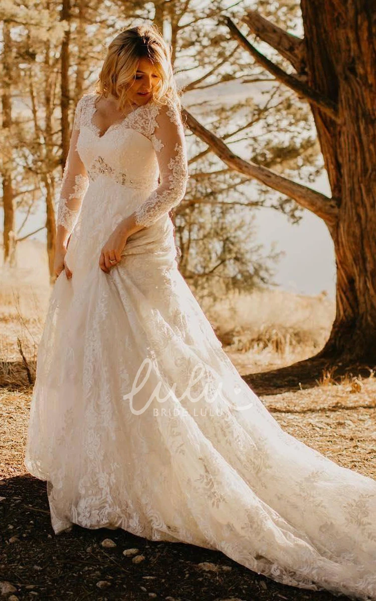 Modest Romantic A-Line Boho Lace Wedding Dress with Sleeves Elegant Sparkly Beading Tulle Sweep Train Bridal Gown