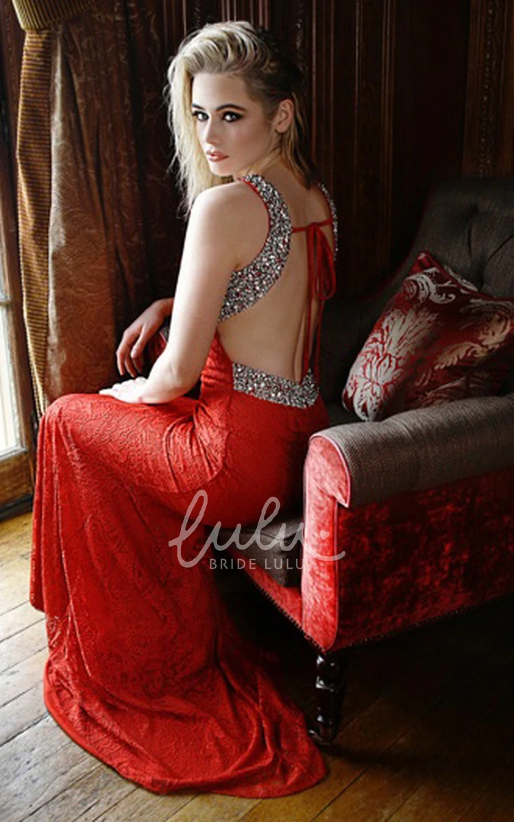 Beaded Sleeveless Jewel Lace Prom Dress with Brush Train Sheath Floor-Length