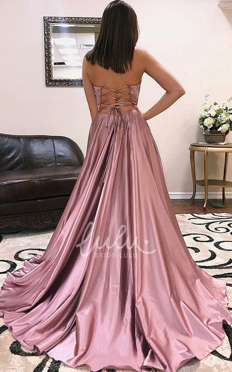 Spaghetti Satin Prom Dress with Tied Back and Split Front Adorable A-Line