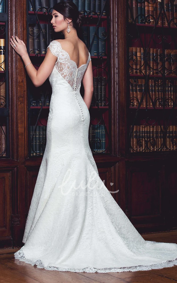 Off-The-Shoulder Lace Sheath Wedding Dress with Cap-Sleeves and V-Back