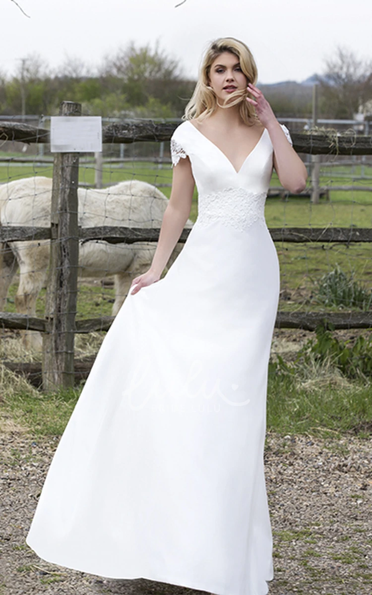 Satin Plunging V-neck Wedding Dress with Floral Cap Sleeves and Appliques