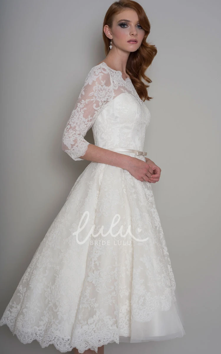 Half-Sleeve Knee-Length A-Line Lace Wedding Dress with Bateau-Neck