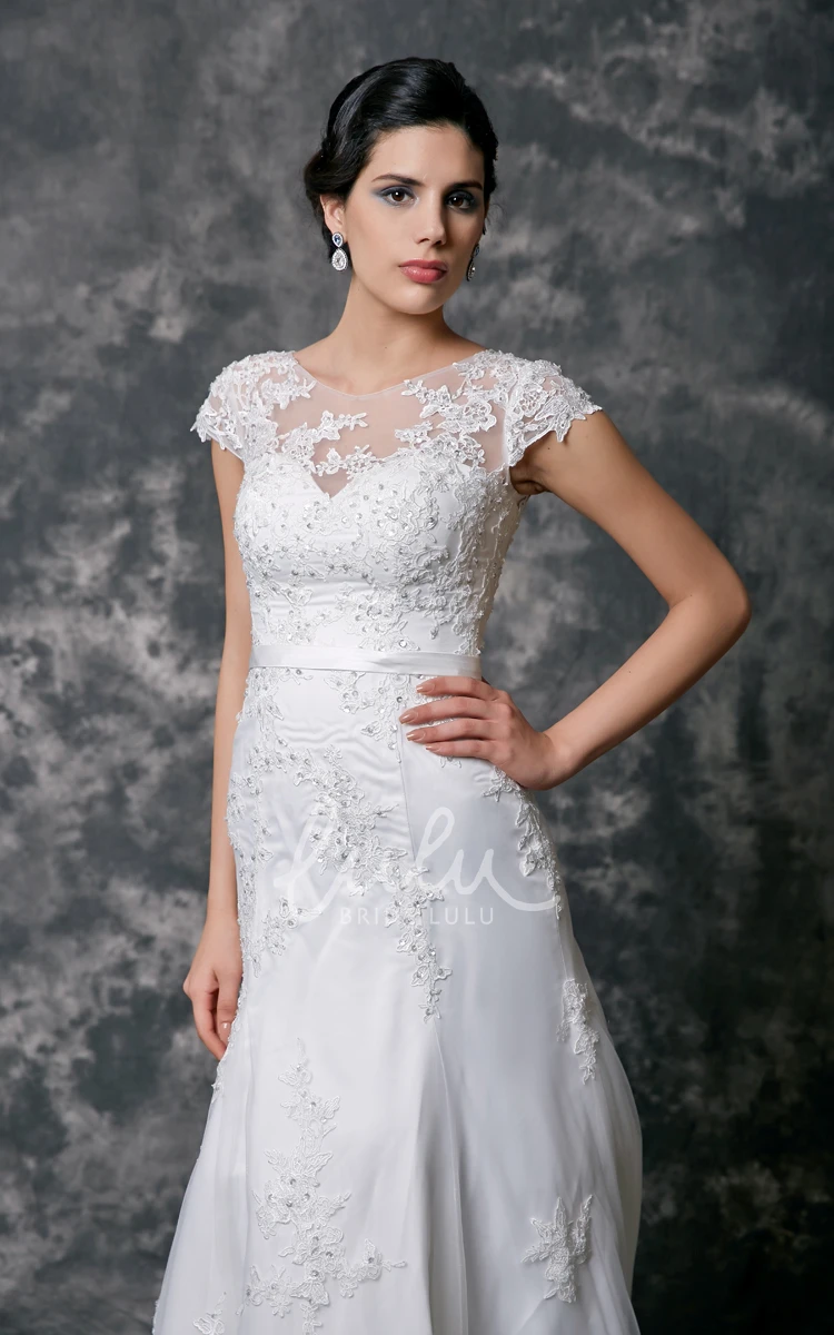 Beaded Lace Cap Sleeve Wedding Dress with Appliques