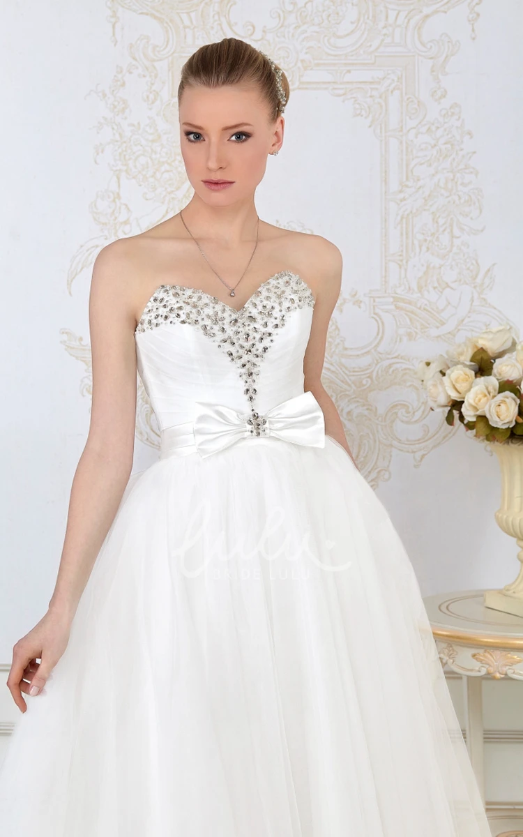 Sweetheart Beaded Tulle Wedding Dress with Bow and Ruching A-Line Maxi