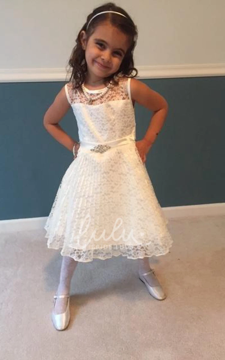 Pleated Lace Tea-Length Flower Girl Dress with Illusion Neckline