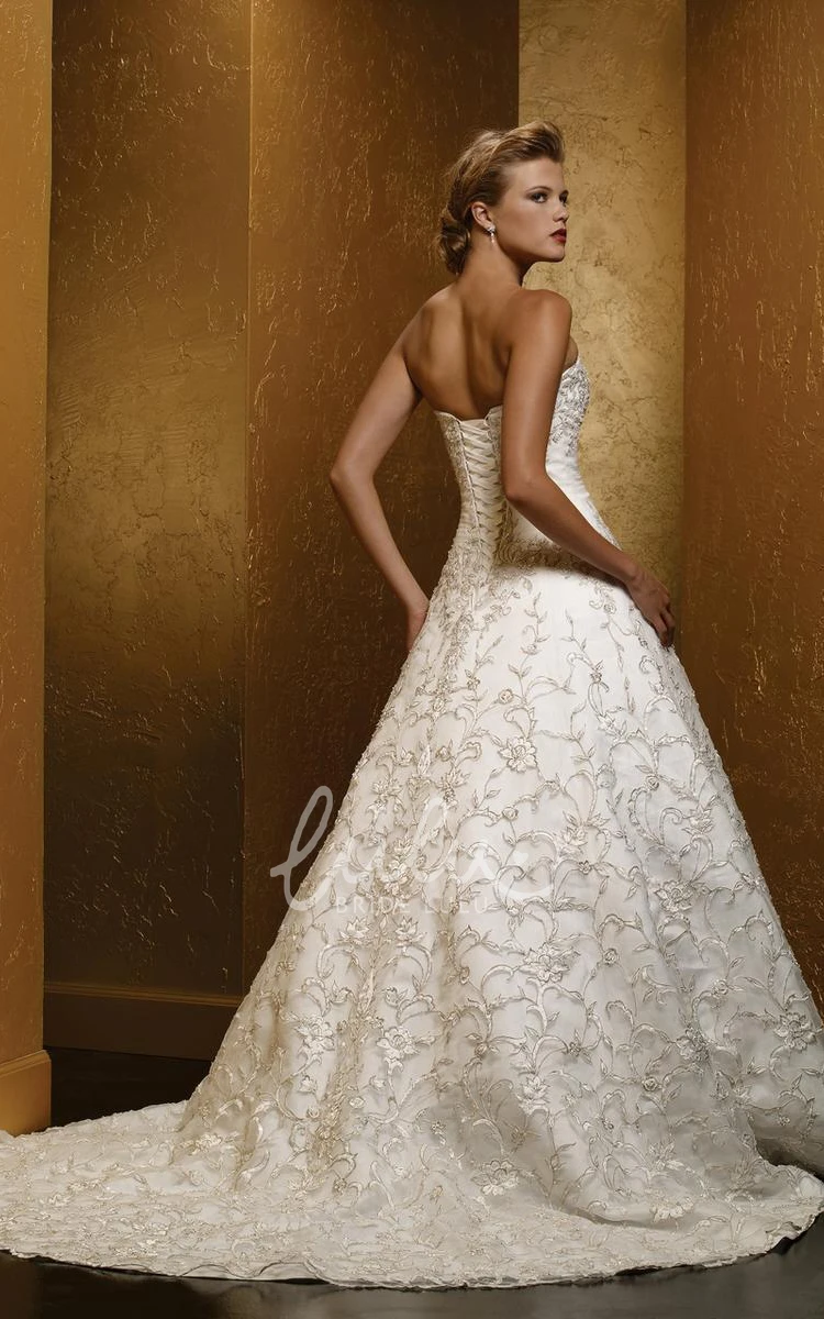 Satin Embroidered A-Line Wedding Dress with Corset Back Elegant Bridal Gown