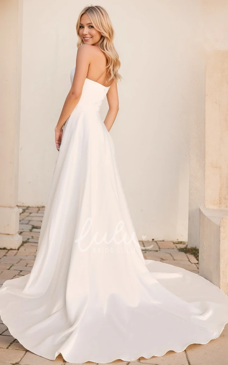 Modern A-Line Satin Sleeveless Wedding Dress Ruching and Front Slit Train Gown