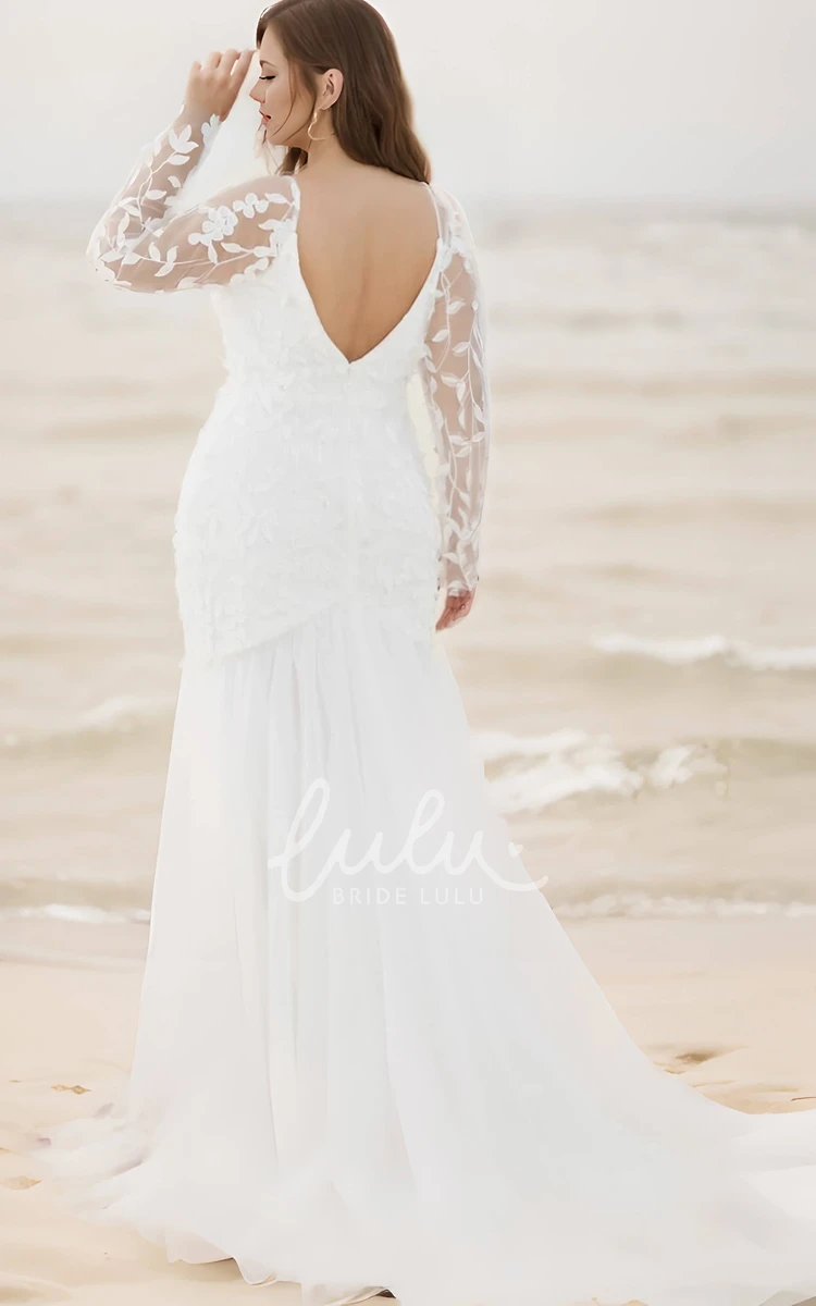Plus Size Fall Mermaid Long Sleeve V-neck Lace Wedding Dress Backless with Train Garden
