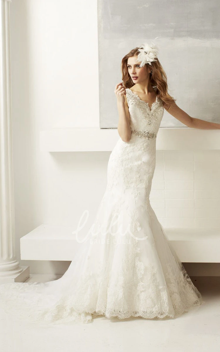 Jeweled Lace V-Neck Wedding Dress with Court Train Elegant Bridal Gown