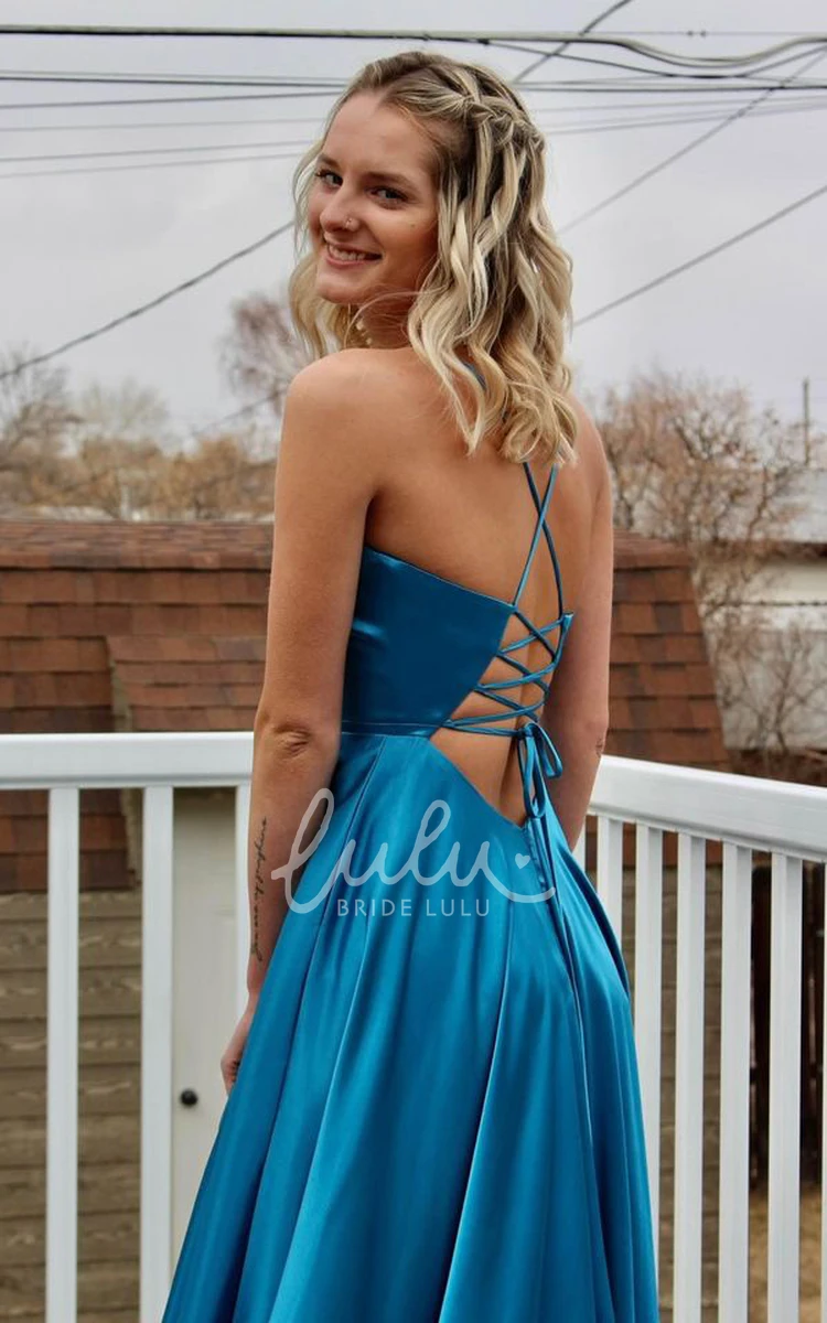 Sexy Sleeveless A-Line Prom Dress with Split Front in Pool Satin
