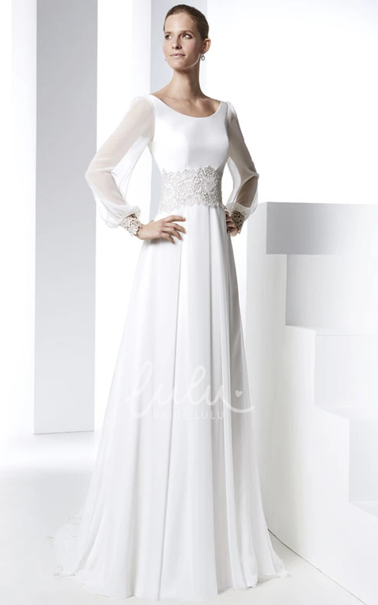 Long Sleeve Appliqued Chiffon Wedding Dress Elegant Sheath Style