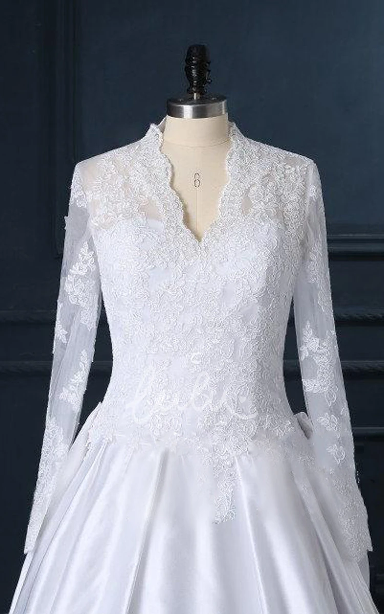 Lace V-Neck Long Sleeve Wedding Dress with Button Elegant 2024 Women's Gown