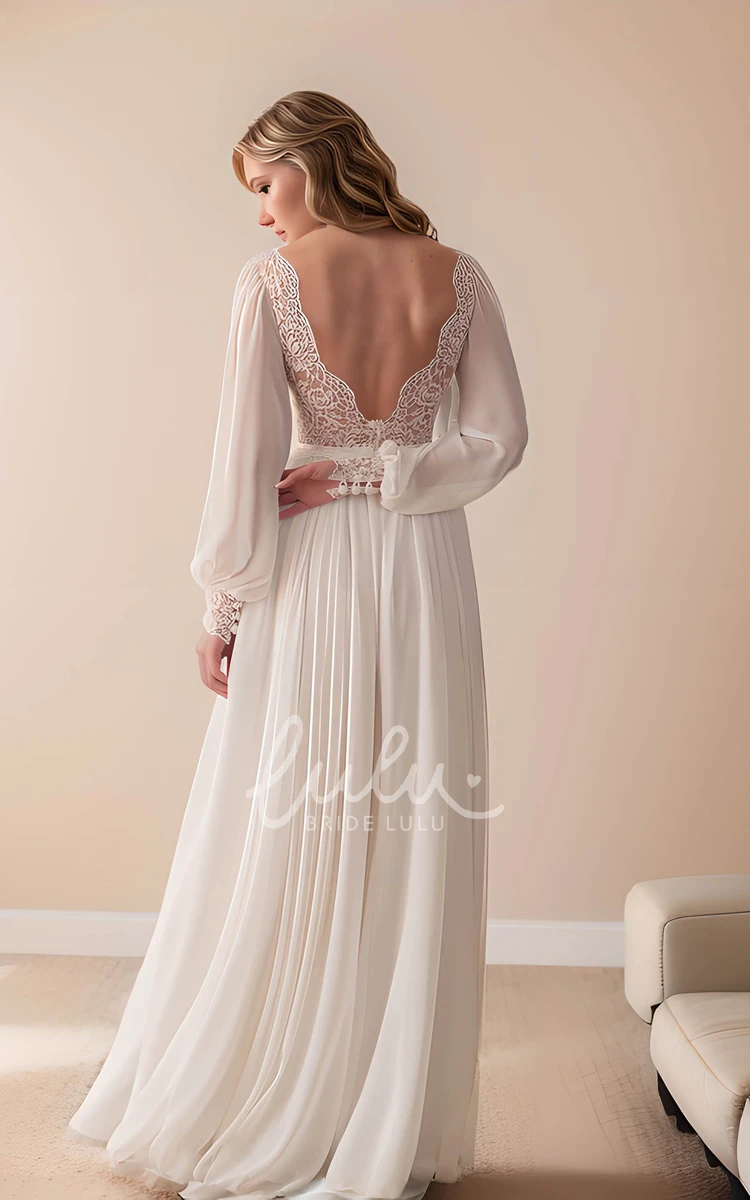 Lace Flower Long Sleeve Vintage A-Line Split Plunging Neckline Floor-length Wedding Dress