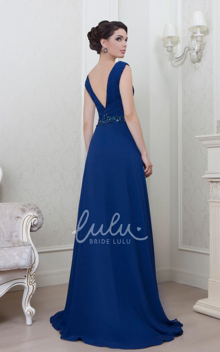 A-Line Ruched Chiffon Evening Dress + V-Neck + Beading + Flowy