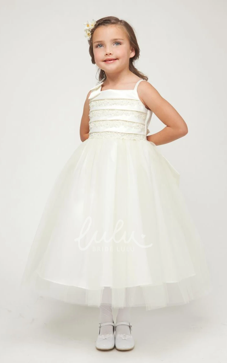 Split-Front Satin Tea-Length Flower Girl Dress with Embroidery Boho and Stylish