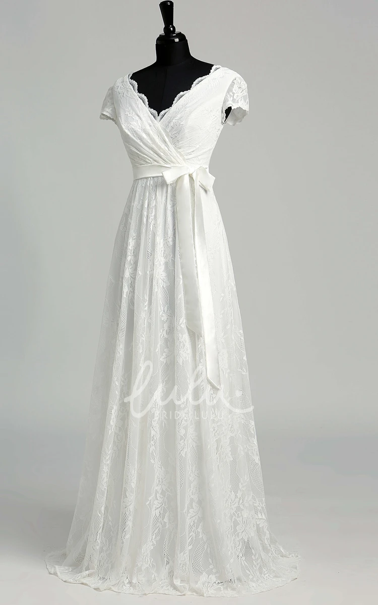 Lace A-Line Garden Wedding Dress with Floor-Length Bow and Sash Ribbon