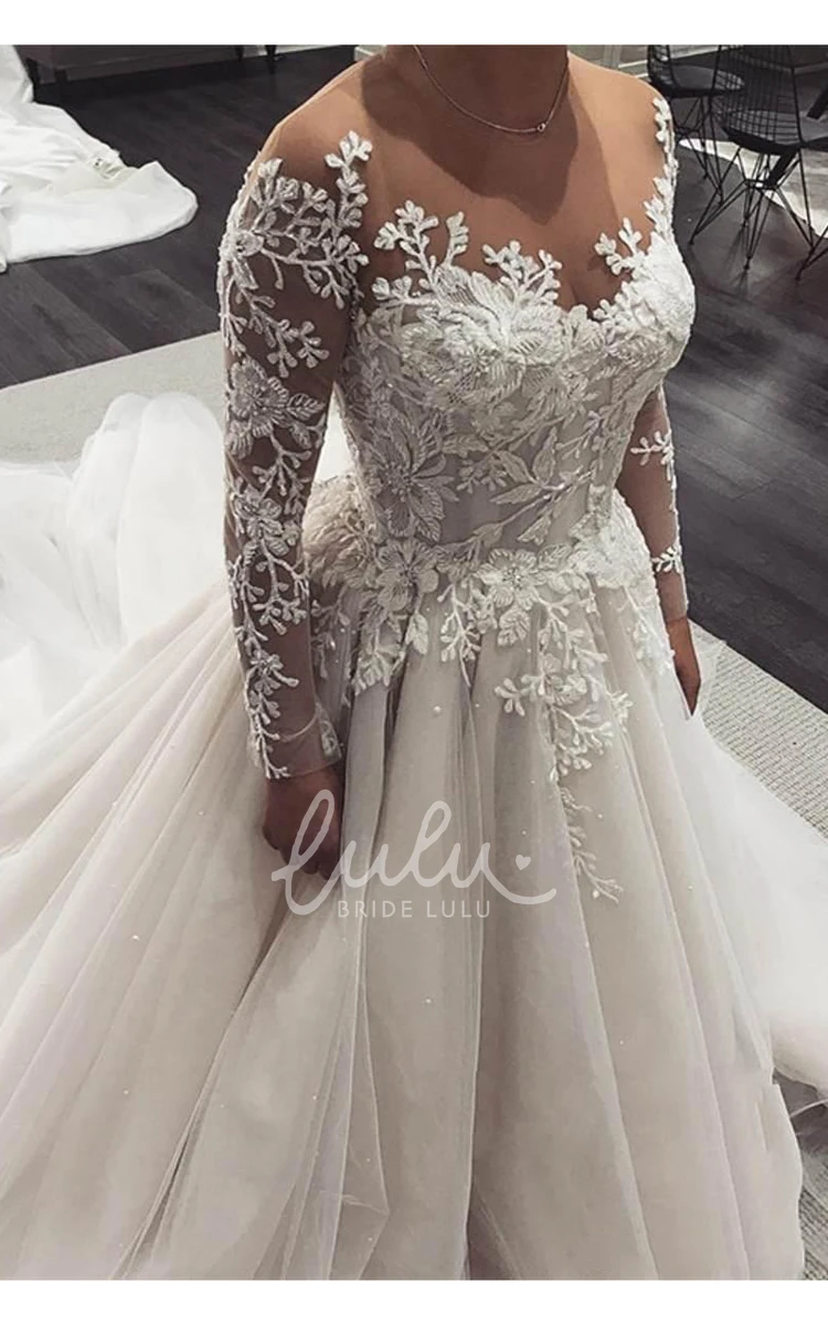 Elegant A-Line Tulle Wedding Dress with Corset Back and Court Train