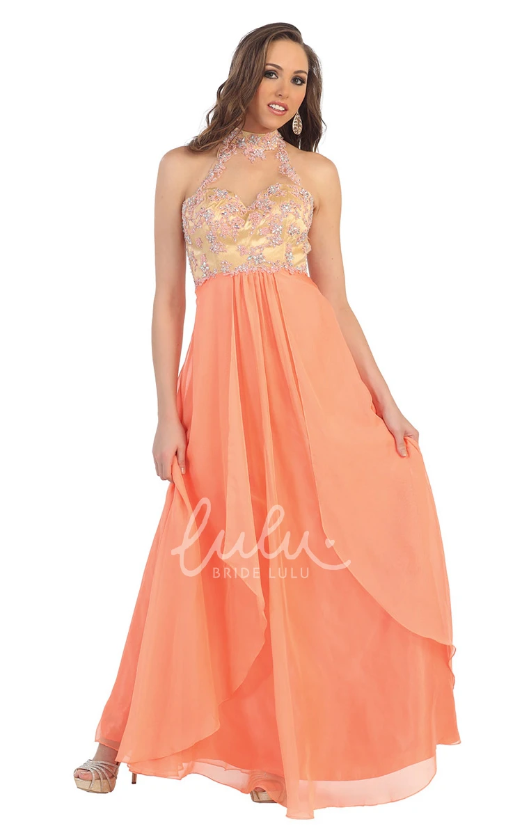 A-Line Chiffon Formal Dress with Keyhole Appliques and Pleats