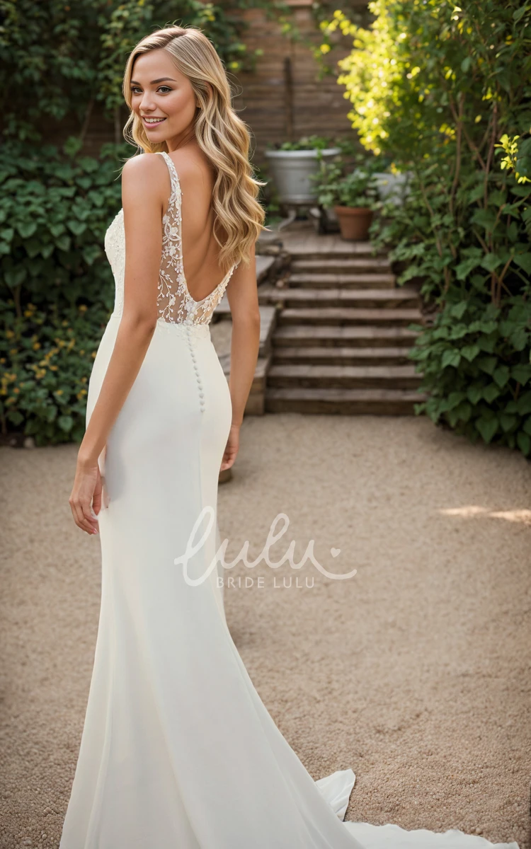 Sexy Minimalist Mermaid Bateau Neckline Wedding Dress Modern Elegant Sleeveless Backless Appliques Beaded Button Back Fit and Flare Bridal Gown