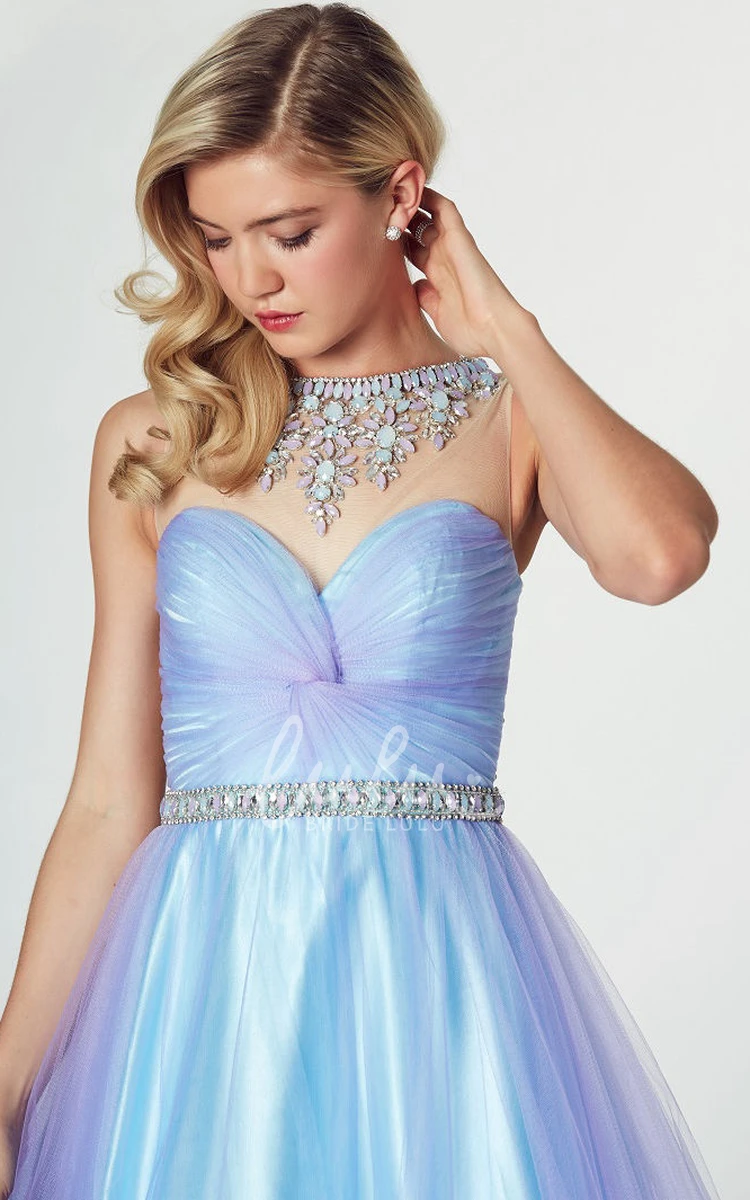 High Neck Sleeveless Ruched A-Line Tulle Prom Dress