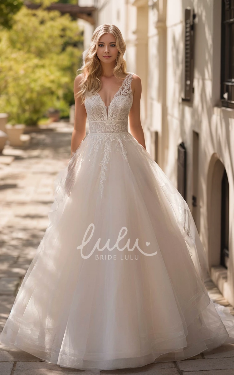 Sexy Romantic A-Line Sleeveless Plunging Neckline Floor-length Lace Tulle Wedding Dress Elegant Appliques Ruffles Button Deep-V Back Bridal Gown