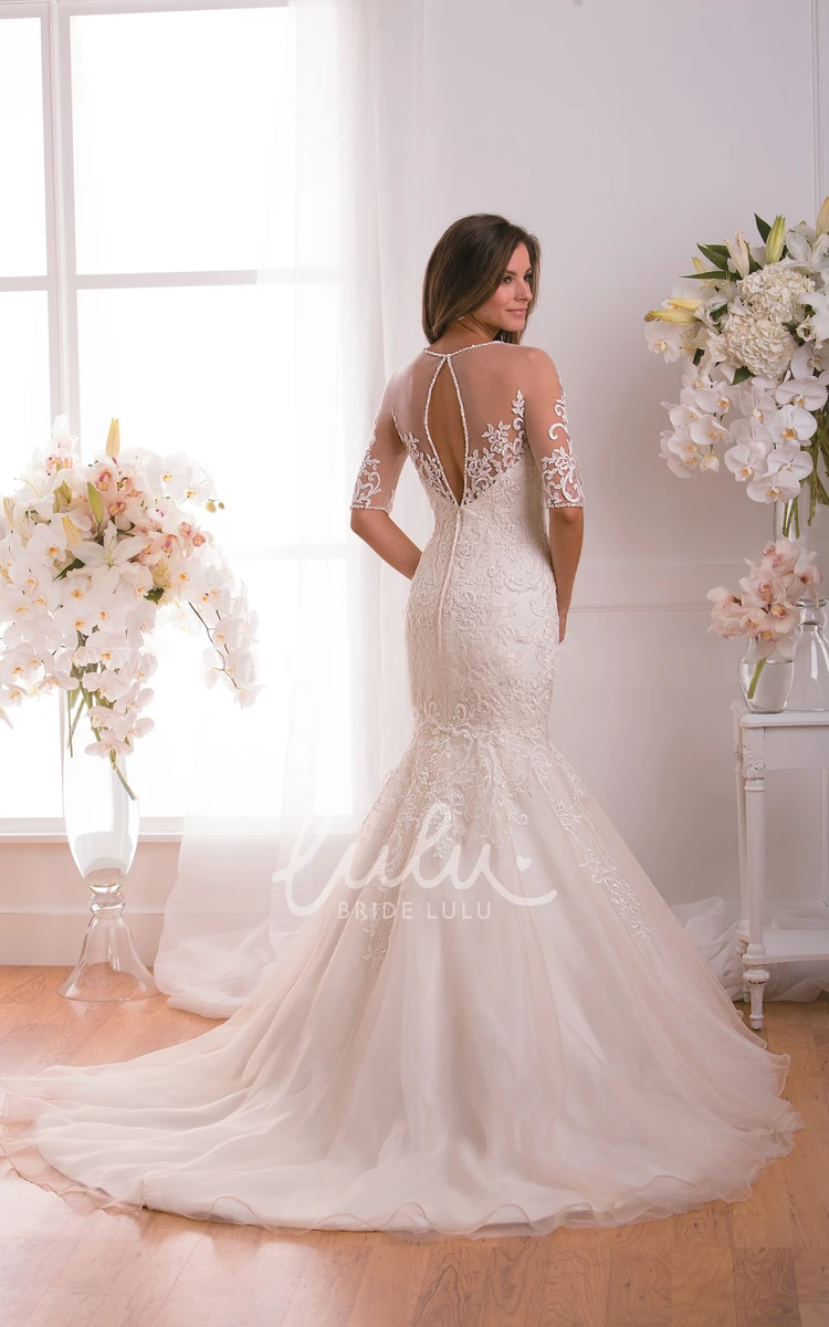 Illusion Keyhole Back Half-Sleeved Trumpet Wedding Dress with Appliques