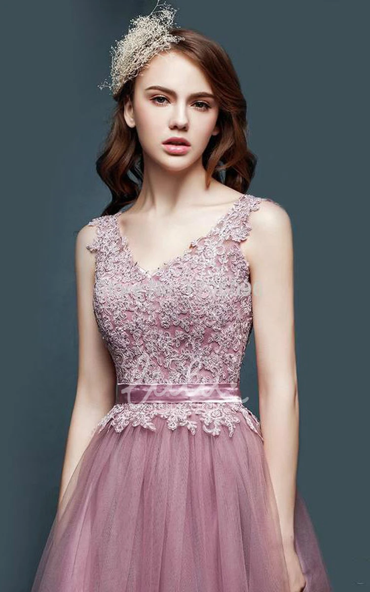 A-line V-neck Tulle Dress with Appliques Flowers Elegant Bridesmaid Dress