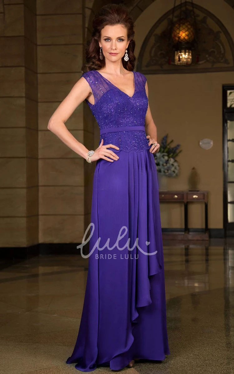 V-Neck Long Mother of the Bride Dress with Ruffles and Beadings Chic Formal Dress