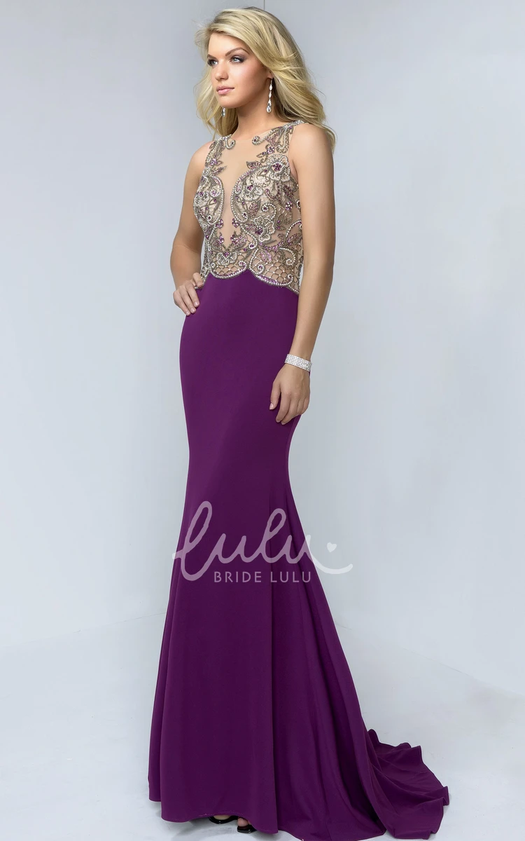 Illusion Sleeveless Jersey Maxi Dress with Beaded Bateau Neckline