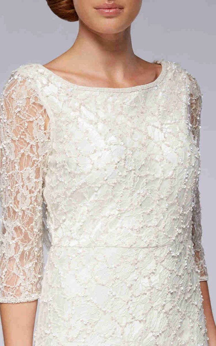 3/4 Sleeve Lace Sheath Wedding Dress with Scoop Neck Classy Bridal Gown