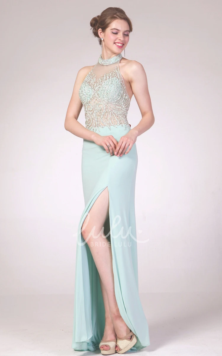 Backless Jersey Formal Dress with Beading and Split Front Sheath or Elegant